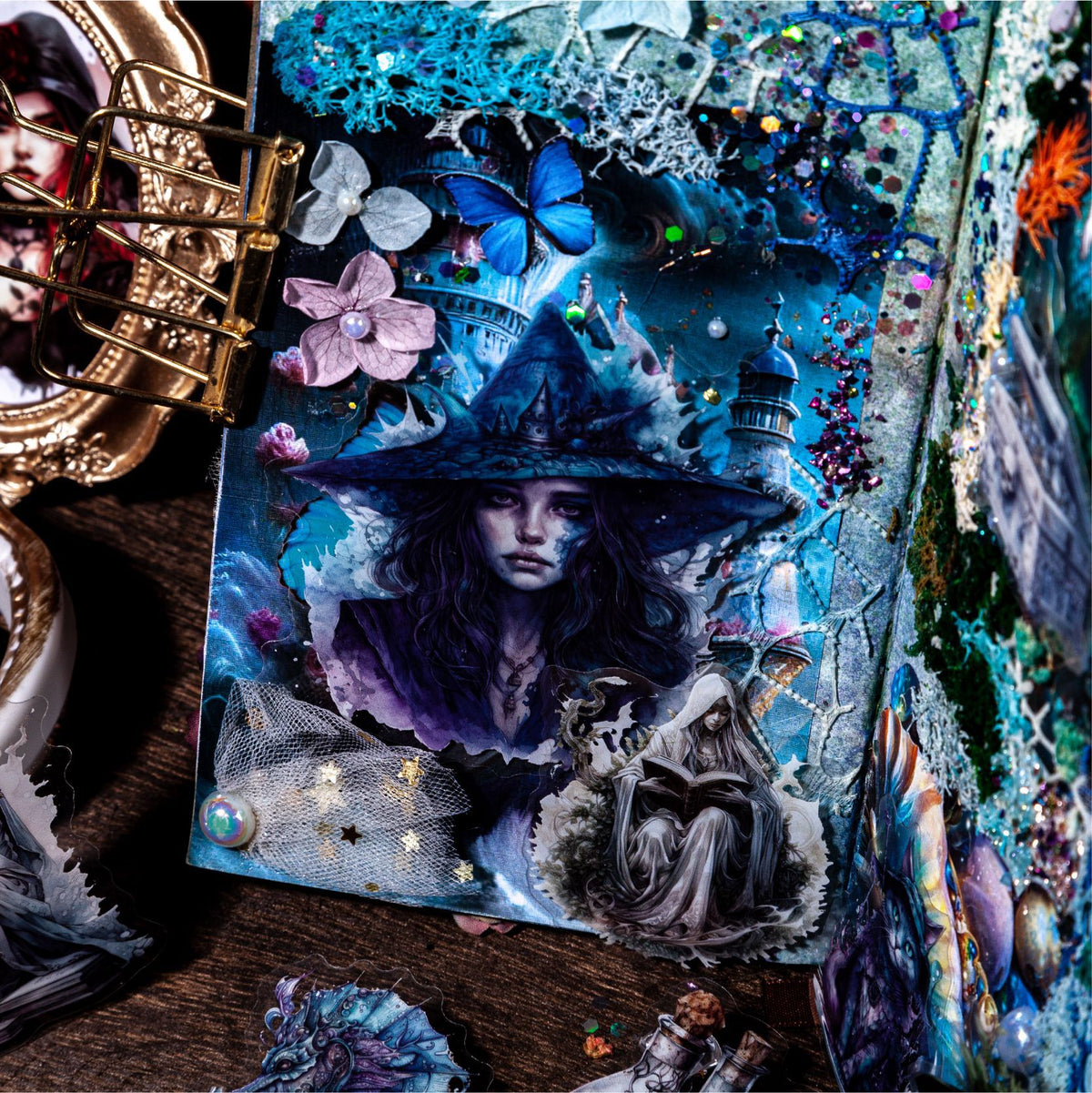 Blue frost witch sticker styled against dark botanical background