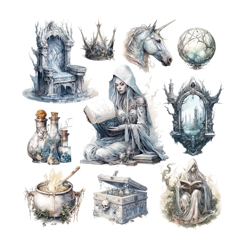 Frost Wizard stickers — ice crown, winter owl and frozen relics, 20 pieces
