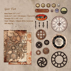 Gear test theme junk journal ephemera with rusty cog illustrations and vintage industrial labels