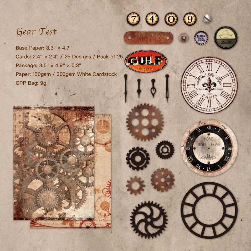Gear test theme junk journal ephemera with rusty cog illustrations and vintage industrial labels