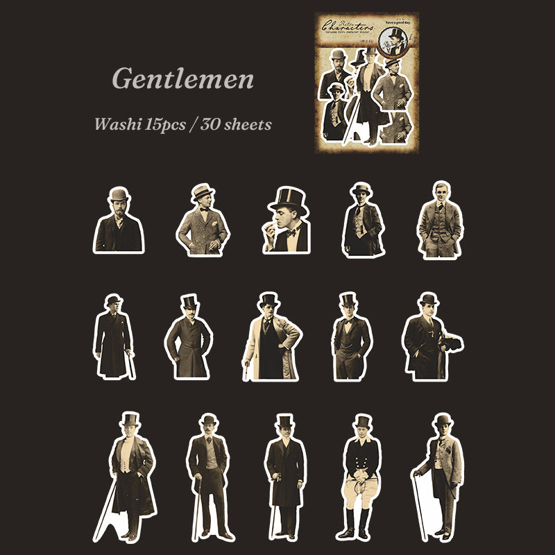 Sepia gentleman stickers with top hats, suits, and overcoats, die-cut with white borders on dark background.