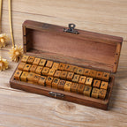 Alphabet rubber stamps in walnut box, gift-ready vintage stationery set