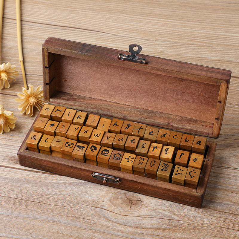 Alphabet rubber stamps in walnut box, gift-ready vintage stationery set