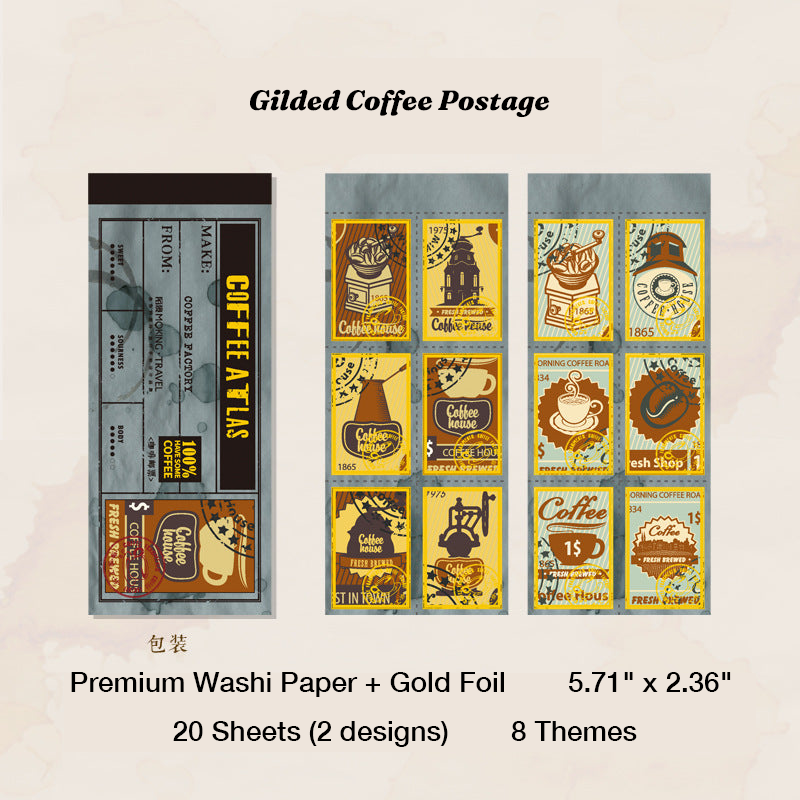 Gilded vintage coffee postage stamp aesthetic sticker book