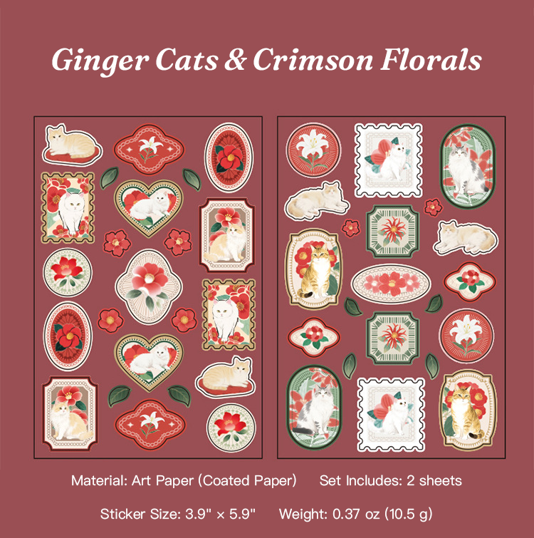 Ginger cats and crimson florals vintage scrapbook stickers