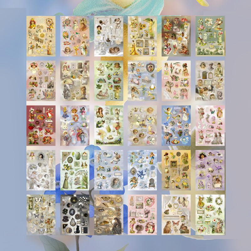 All 30 die-cut sheets of the Afternoon Fairy Tales sticker book laid out in a grid – full colorway overview, no repeated designs