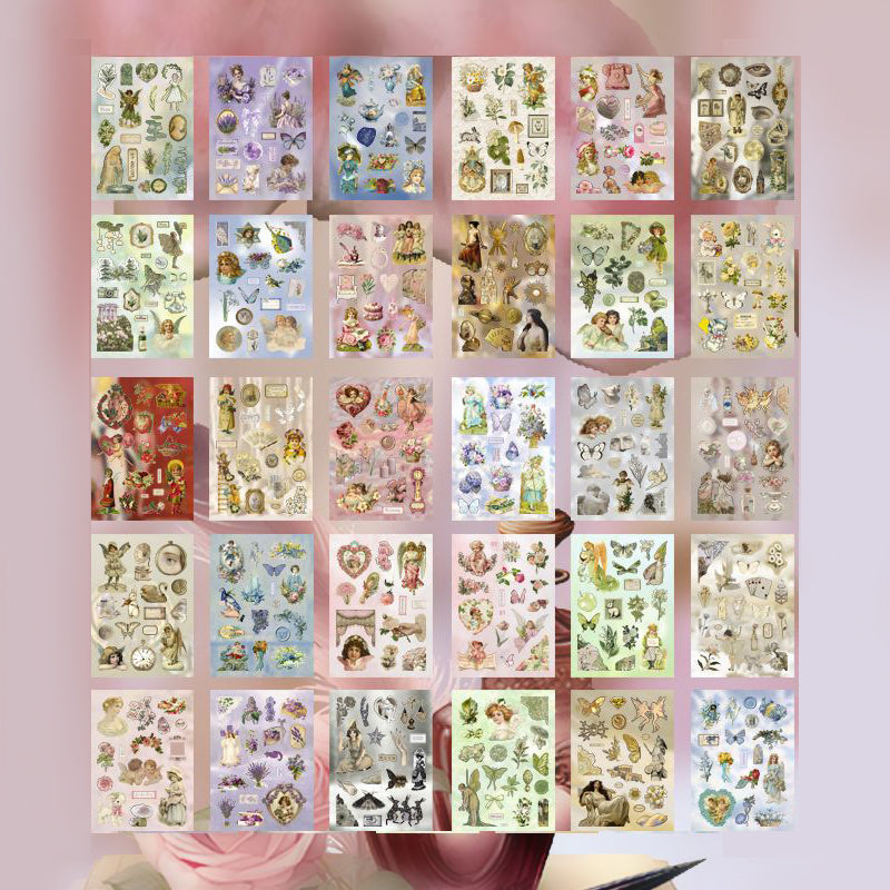 All 30 unique sticker sheets from the second Afternoon Fairy Tales colorway arranged in rows – vintage storybook illustrations