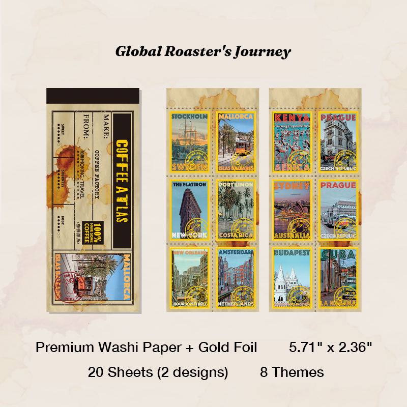 Global coffee roaster journey vintage travel poster stickers