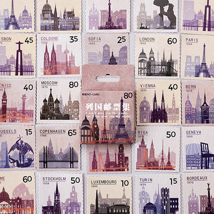 Cool-toned purple vintage postage stamp stickers featuring global cityscapes and architecture for junk journal