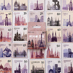Cool-toned purple vintage postage stamp stickers featuring global cityscapes and architecture for junk journal