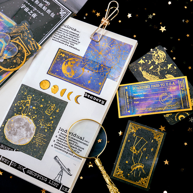Gold foil washi sticker collection with 12 unique vintage designs for journaling and scrapbooking