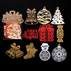 Gold red and silver laser cut Christmas bells and ornaments on black