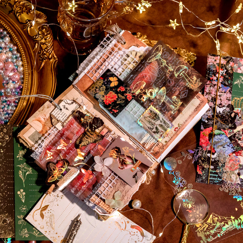 Premium gold foil stamping detail on transparent vintage stickers for junk journaling