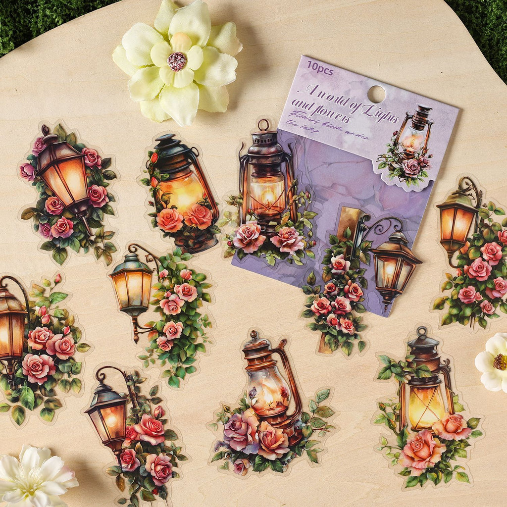 Gold-stamped lantern stickers scattered among white flowers