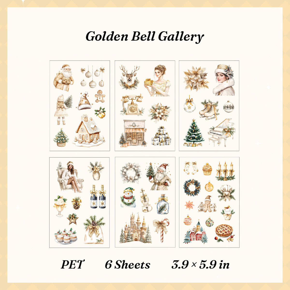 Golden Bell Gallery PET sticker pack with 6 die-cut sheets