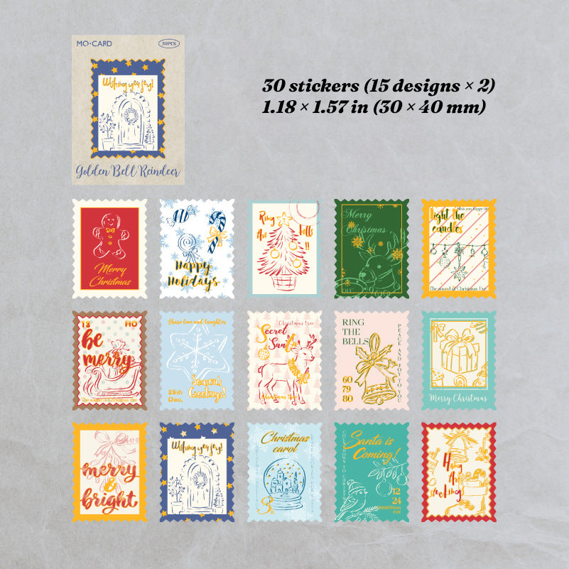 Golden Bells and Elk style chart - 15 gold and red Christmas sticker designs