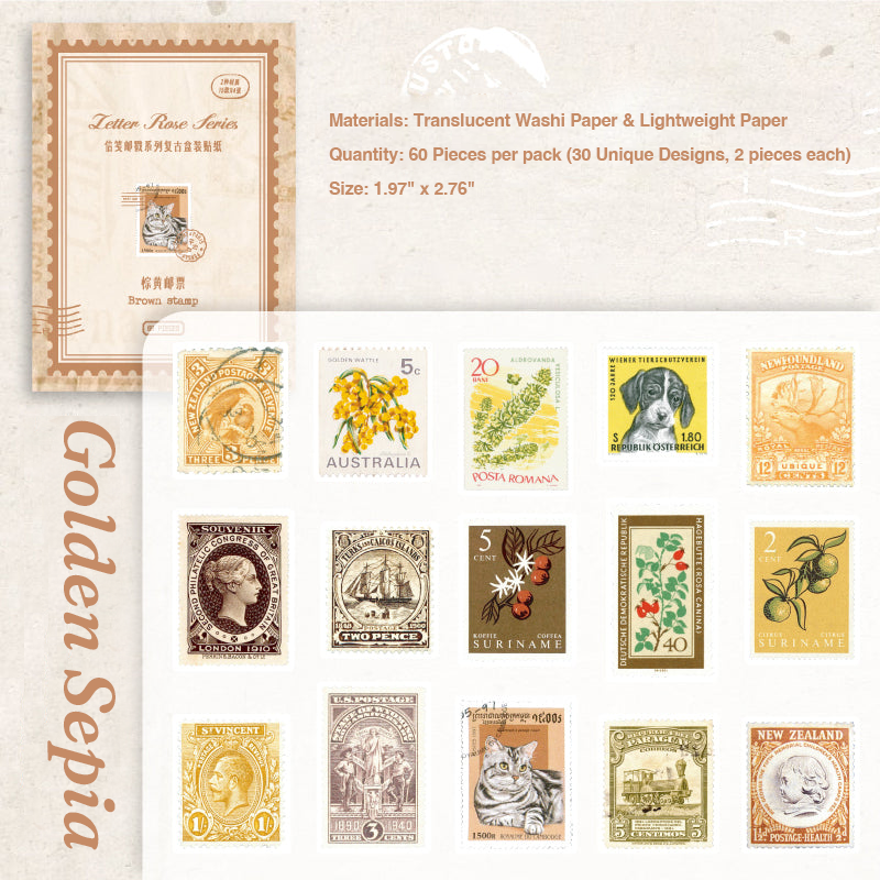 Golden sepia brown antique stamps ephemera for dark academia aesthetic