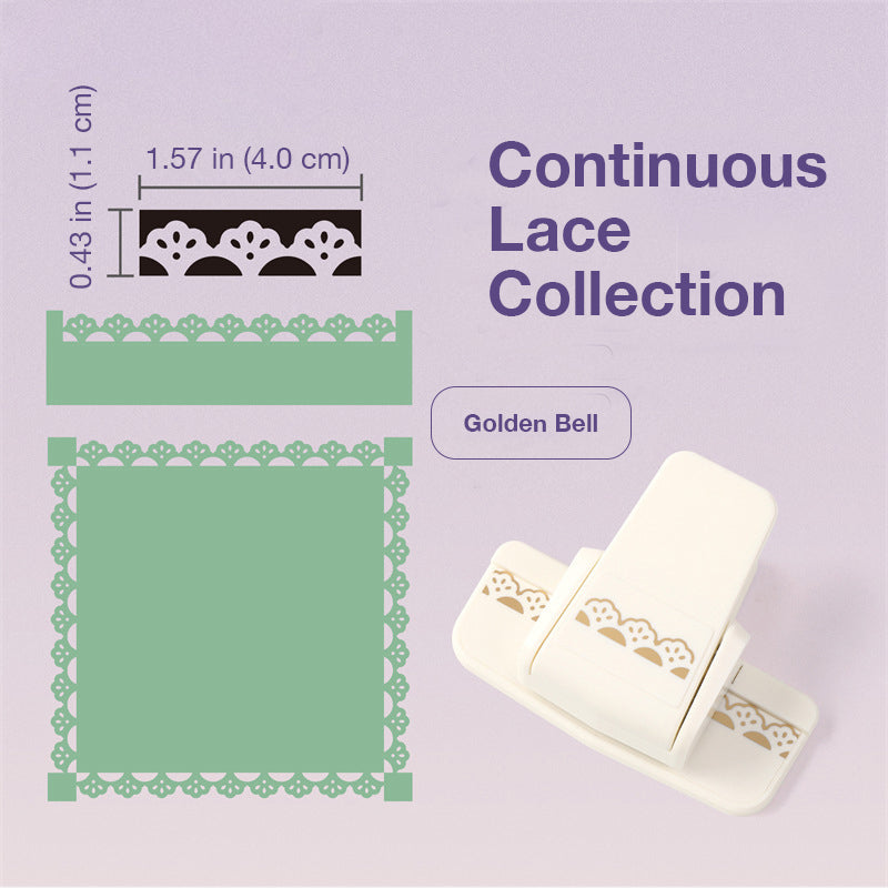 White border punch with scallop bell pattern cut sample and continuous lace guide