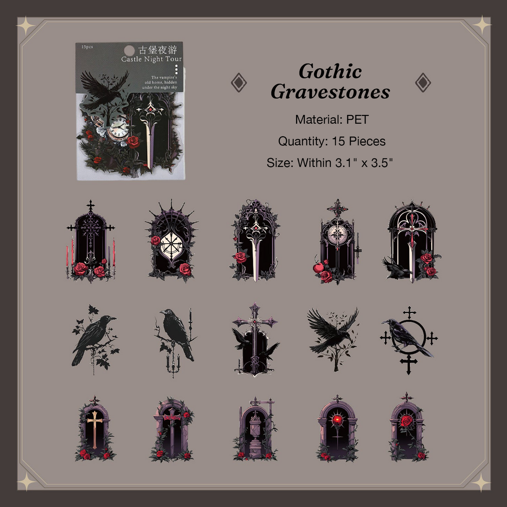 Dark gothic cross and tombstone stickers for horror theme journal