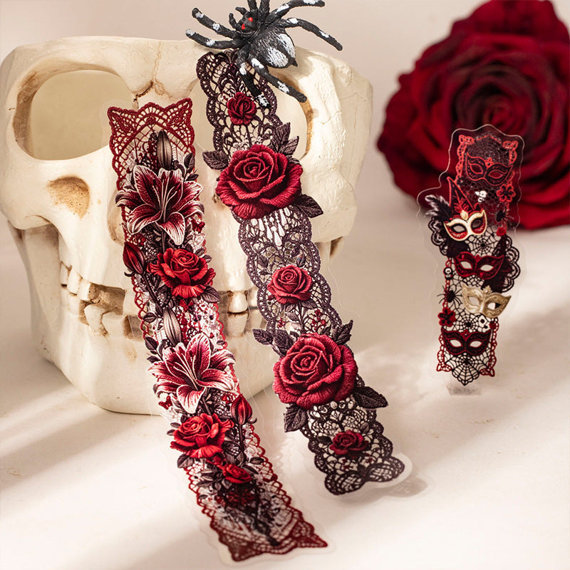 Gothic lace sticker strips styled with dark red roses