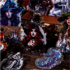 Gothic witch PET stickers styled with coffin box, candles and dark ritual props