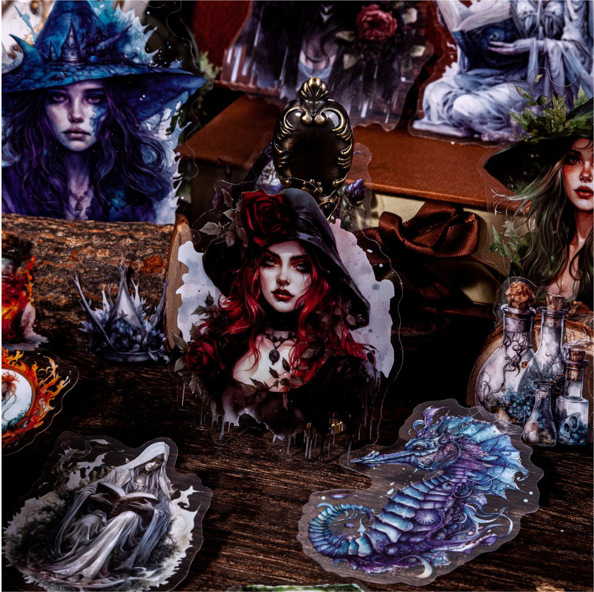 Gothic witch PET stickers styled with coffin box, candles and dark ritual props