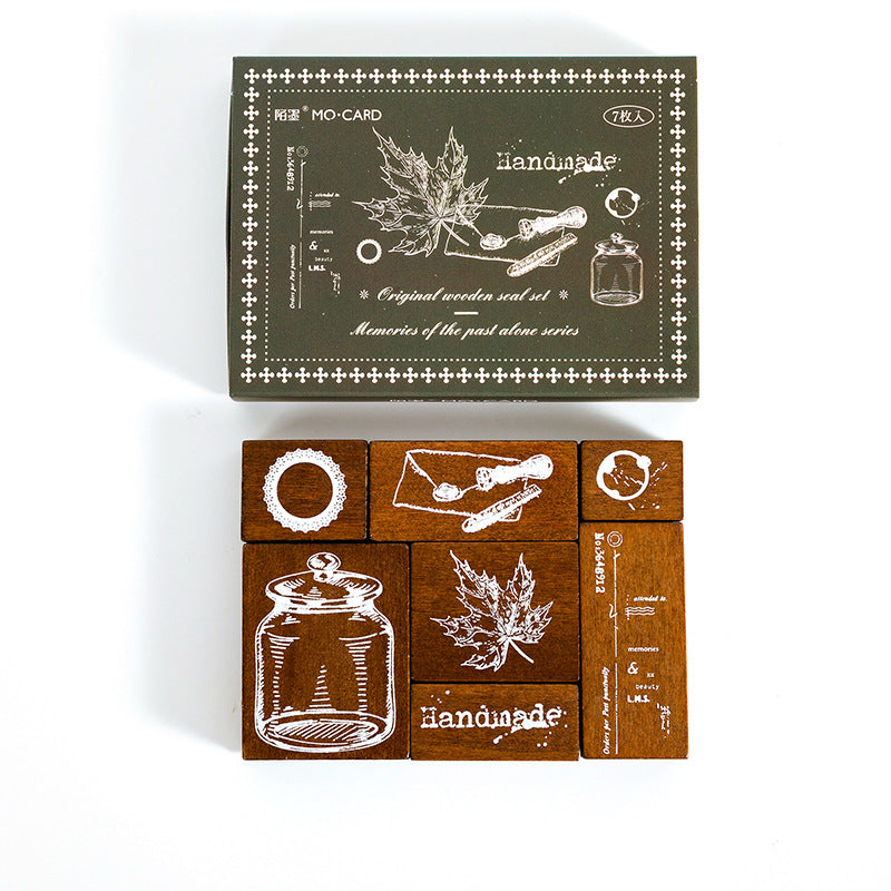 Green themed wooden stamp set — 7 pieces with leaf & jar designs