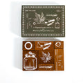 Green themed wooden stamp set — 7 pieces with leaf & jar designs
