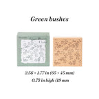 Green branch cluster romantic background wooden stamp, delicate leaf rubber face on flat beech wood block for botanical spreads.