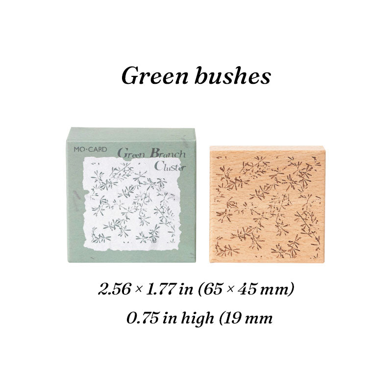 Green branch cluster romantic background wooden stamp, delicate leaf rubber face on flat beech wood block for botanical spreads.