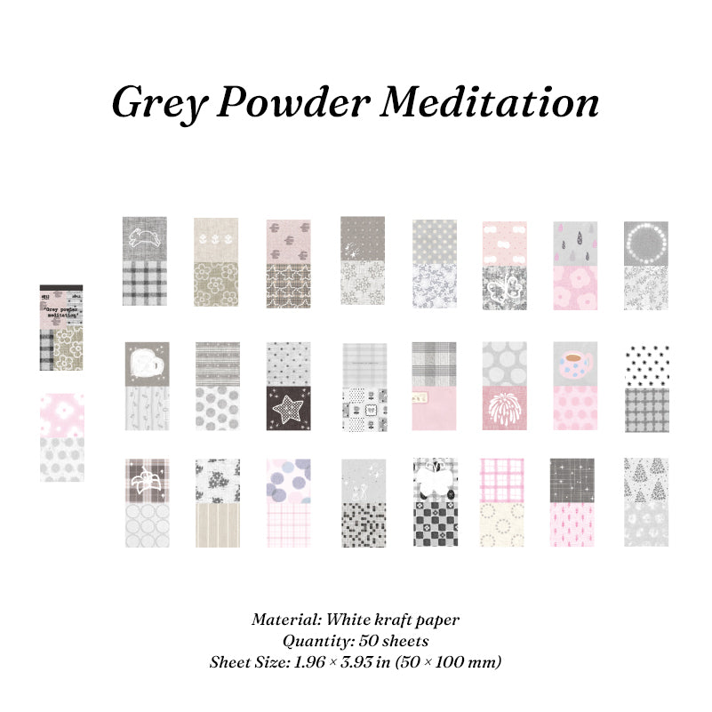 Grey Powder Meditation vintage ephemera paper pack showing 50 white kraft paper sheets in 1.96 x 3.95 inch size with star rabbit flower and teacup prints for journal decoration