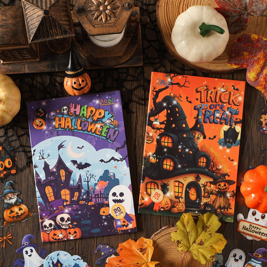 Halloween castle sticker books styled with pumpkins, ghosts and autumn leaves