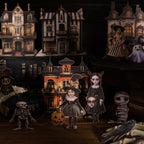 Haunted house Halloween journal cards arranged in a spooky night scene