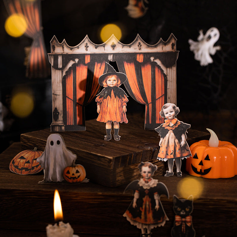 Orange circus tent Halloween card scene with candlelight and vintage ghost figures