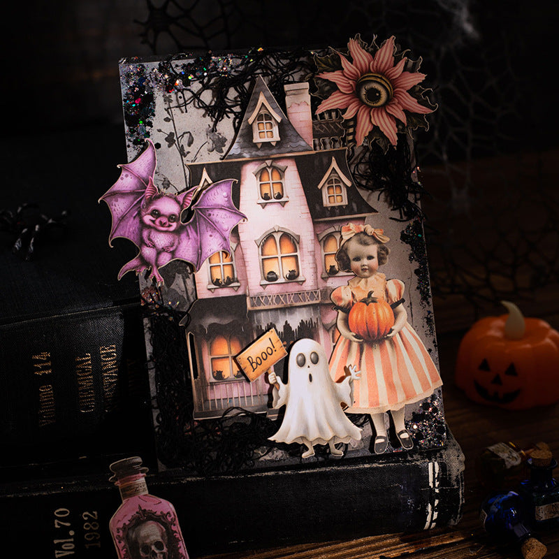 Pink fantasy castle Halloween cards with doll figures and glitter details