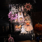 Pink fantasy castle Halloween cards with doll figures and glitter details