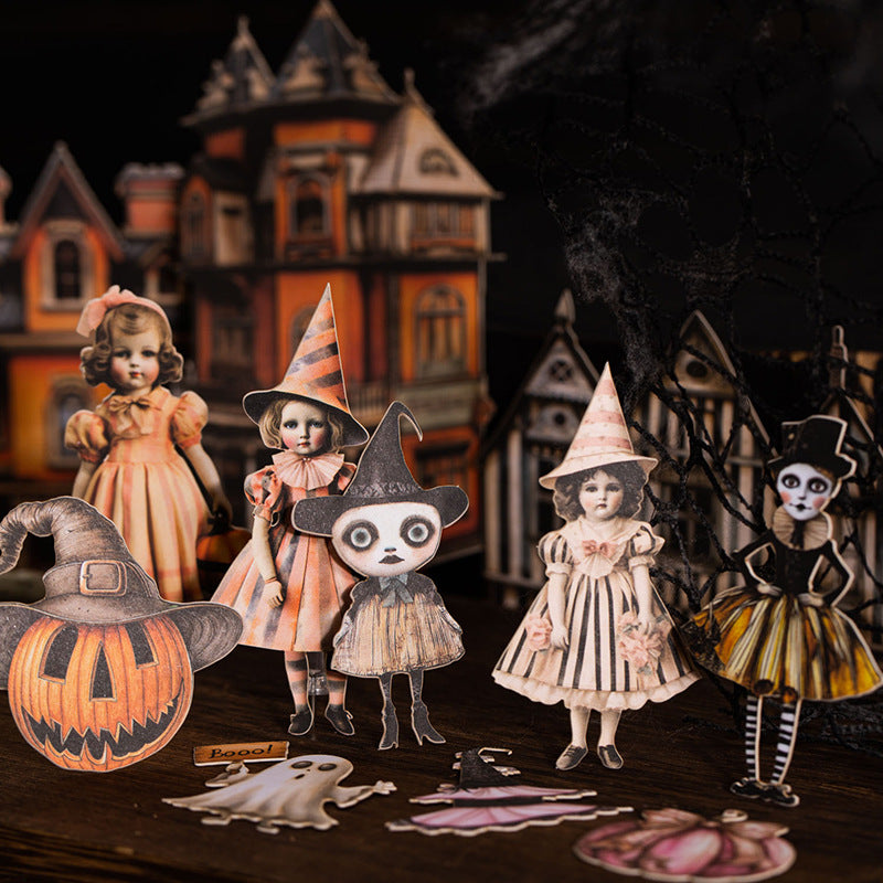 Halloween junk journal cards styled with vintage dolls, pumpkin lanterns and a haunted house