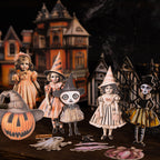 Halloween junk journal cards styled with vintage dolls, pumpkin lanterns and a haunted house