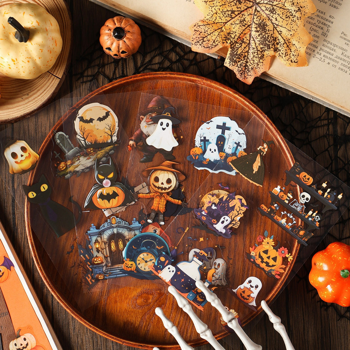 Waterproof PET Halloween stickers arranged on a wooden tray