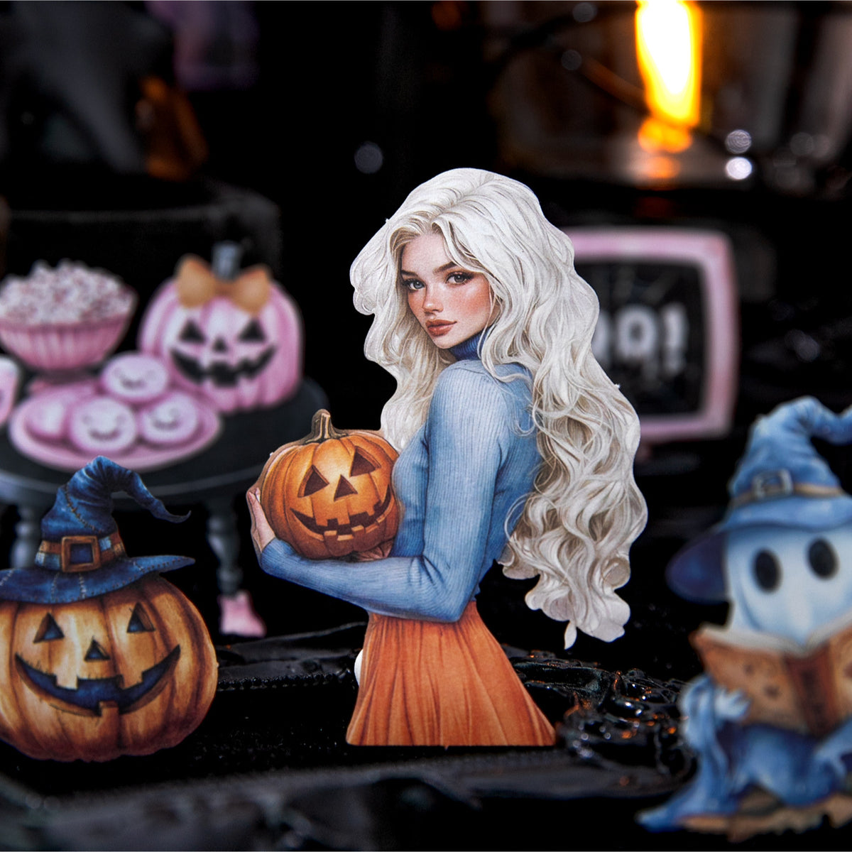 Vintage Halloween sticker pack styled with pumpkin lanterns, ghost figurines and candlelight