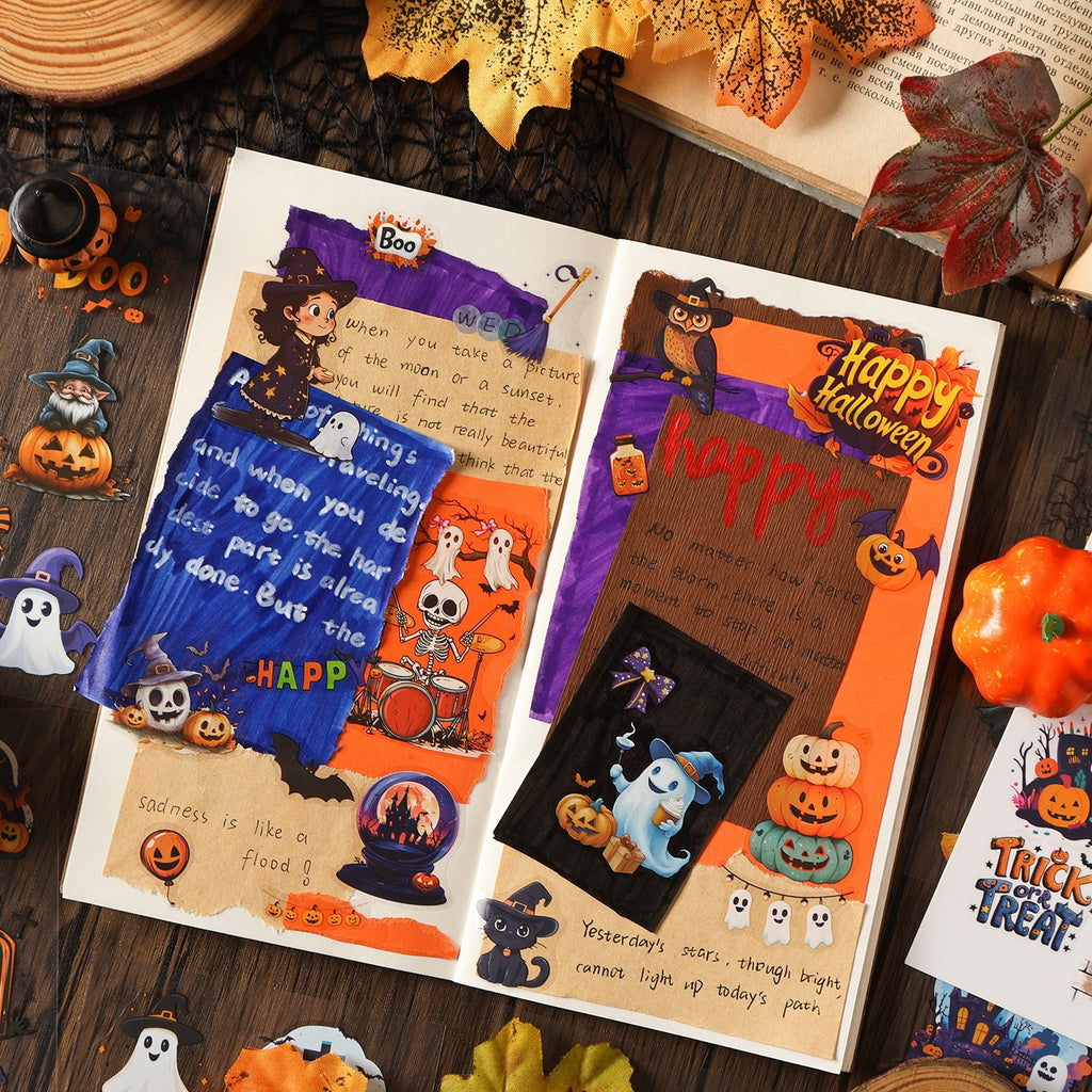 Halloween stickers used in a spooky journal spread with orange and purple pages