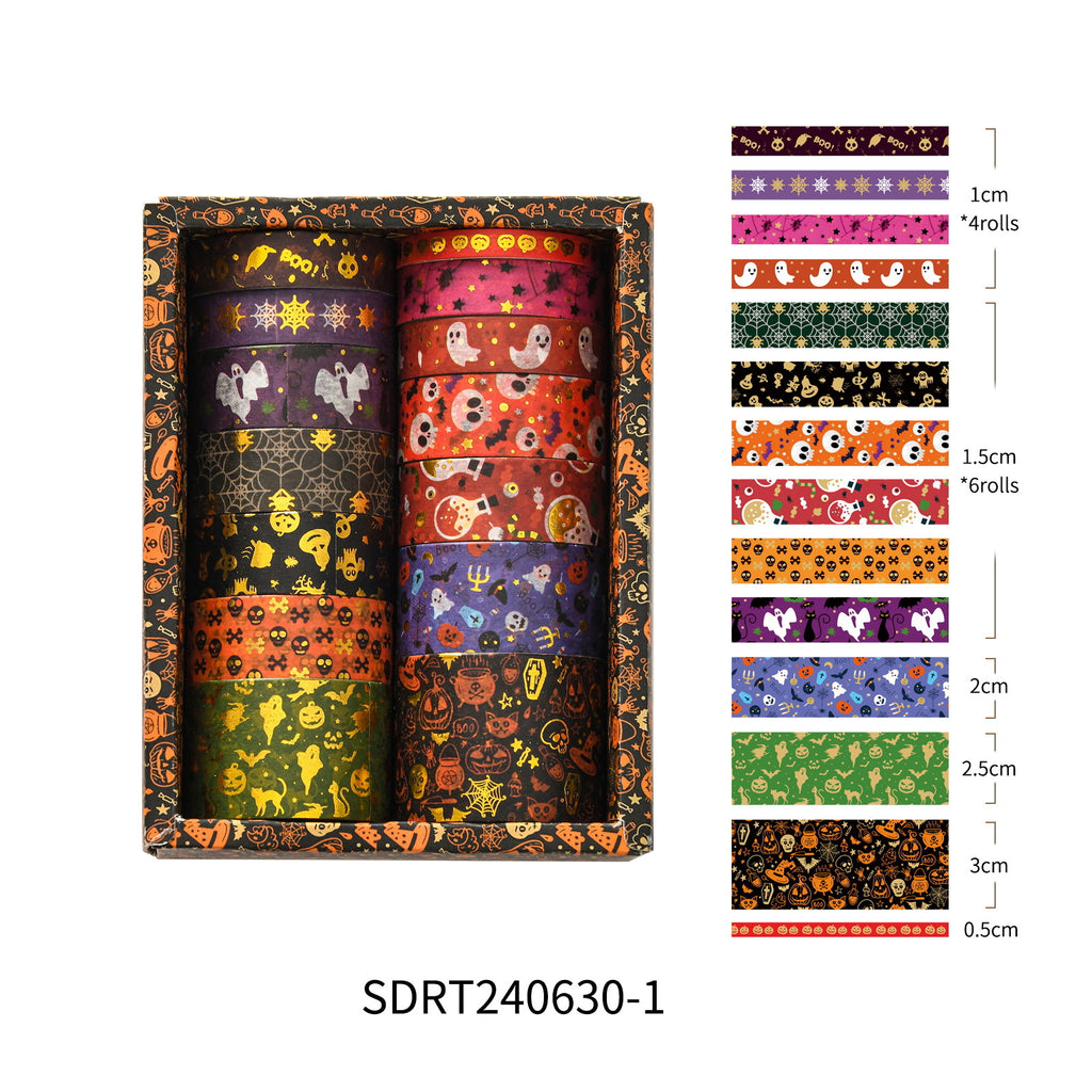 Midnight Spell Halloween washi tape set — 14 rolls with pattern swatch guide