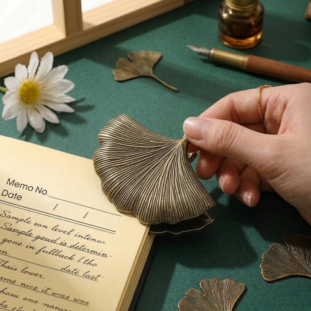 Detailed close-up of a hand securing an antique bronze ginkgo leaf journal clip onto a memo notebook page, showcasing its sturdy construction and vintage metallic finish.