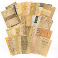 Fanned vintage paper sheets with aged handwritten script, old tickets, and ledger pages in warm sepia and cream tones on a white background.