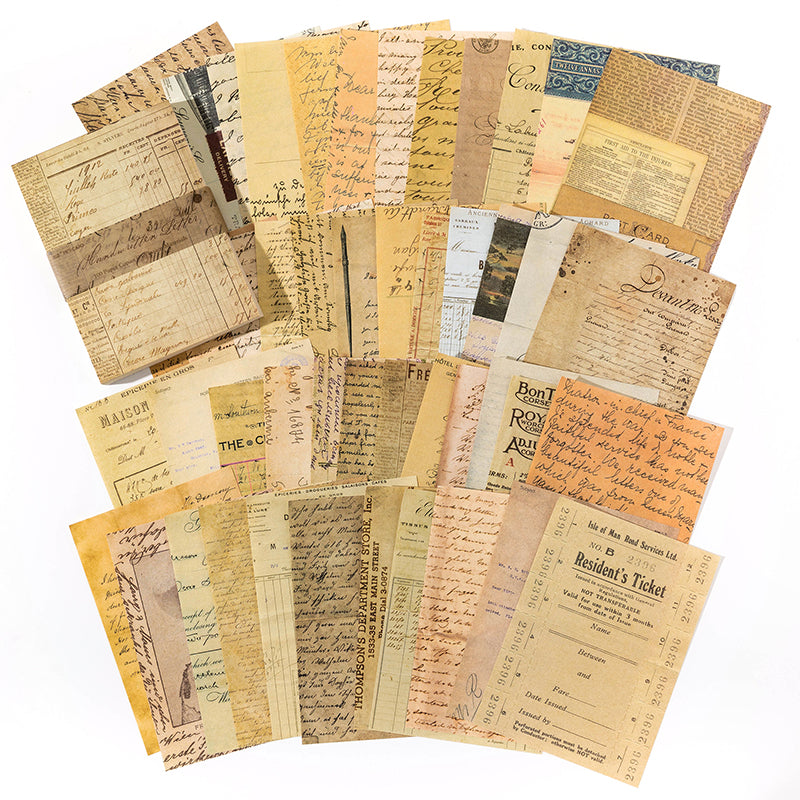 Fanned vintage paper sheets with aged handwritten script, old tickets, and ledger pages in warm sepia and cream tones on a white background.