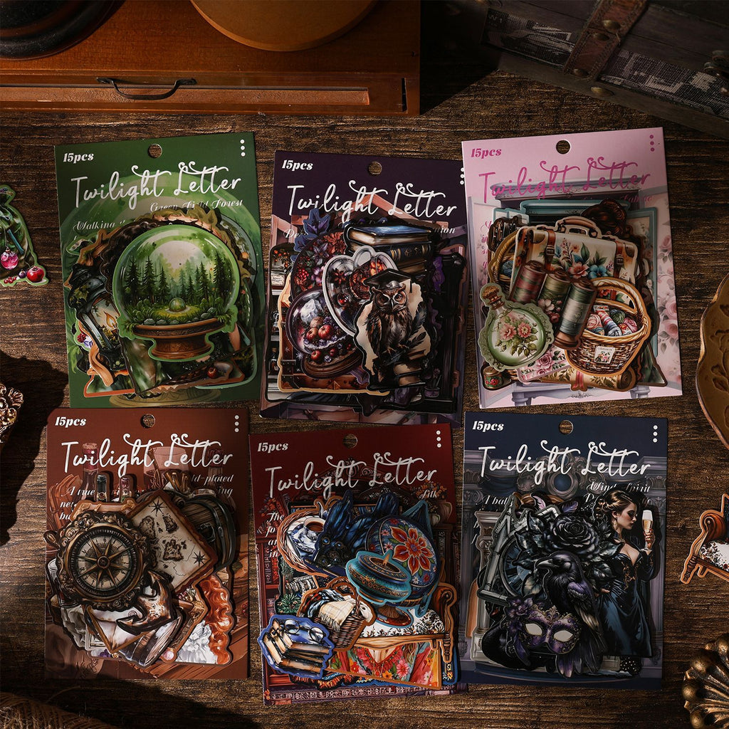 Six hard card sticker packs displayed on a dark vintage surface