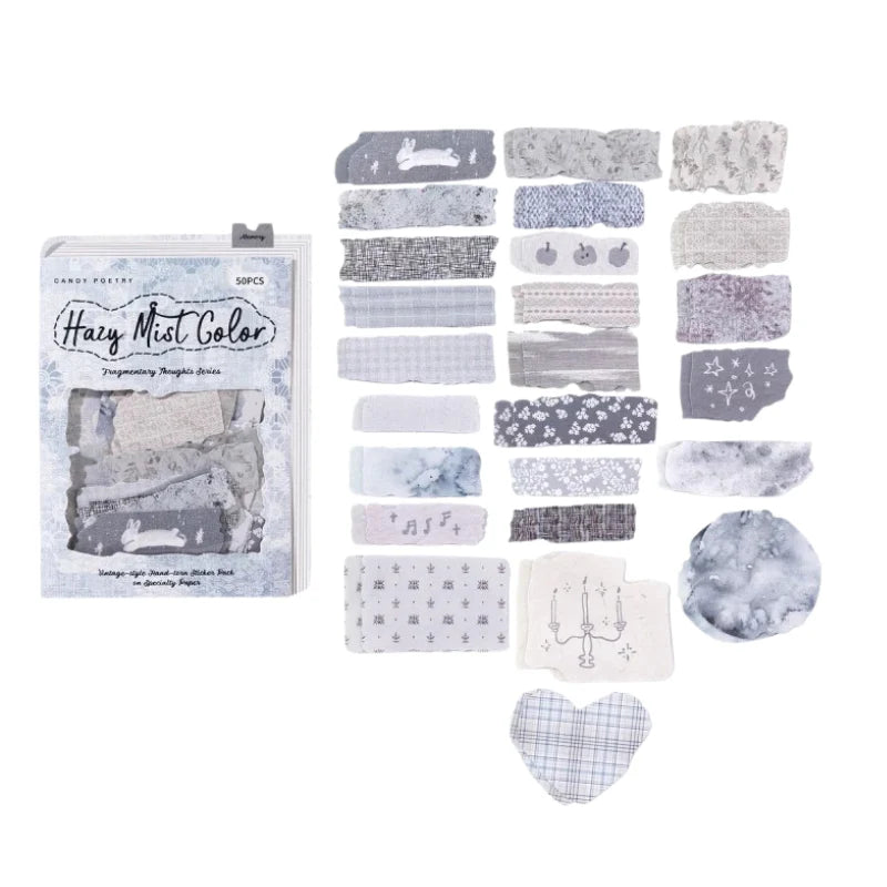 Variant image for the Hazy Mist Color faux-fabric sticker pack. Features a collection of 50 muted gray and vintage text patterned stickers for aesthetic planner layouts.