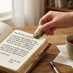 A hand uses a heavy-duty vintage metal cicada clip to hold open the thick, aged pages of a chunky junk journal. The journal rests on a wooden desk alongside a fountain pen, a teacup, and scattered handwritten vintage ephemera, demonstrating the clip's strong grip.