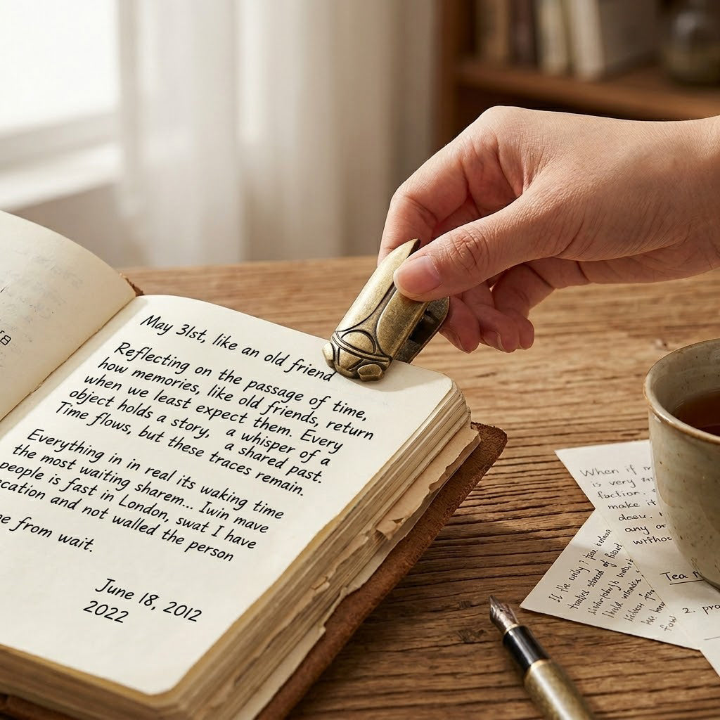 A hand uses a heavy-duty vintage metal cicada clip to hold open the thick, aged pages of a chunky junk journal. The journal rests on a wooden desk alongside a fountain pen, a teacup, and scattered handwritten vintage ephemera, demonstrating the clip's strong grip.