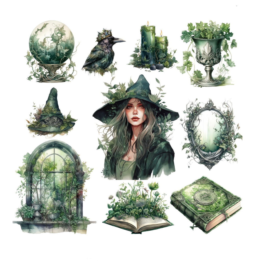 Hedge Witch stickers — thorn gateways, green witch and herb magic motifs, 20 pieces